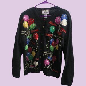 Tiara International vintage Millennium Sweater New Year Knit Cardigan in black L